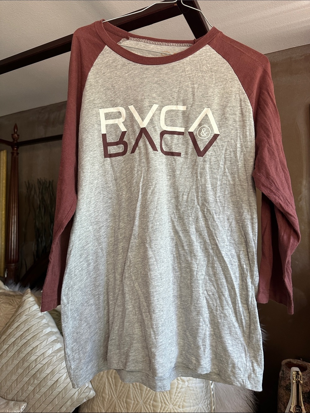 RVCA Men’s Raglan Long Sleeve Tee - Gray & Burgundy